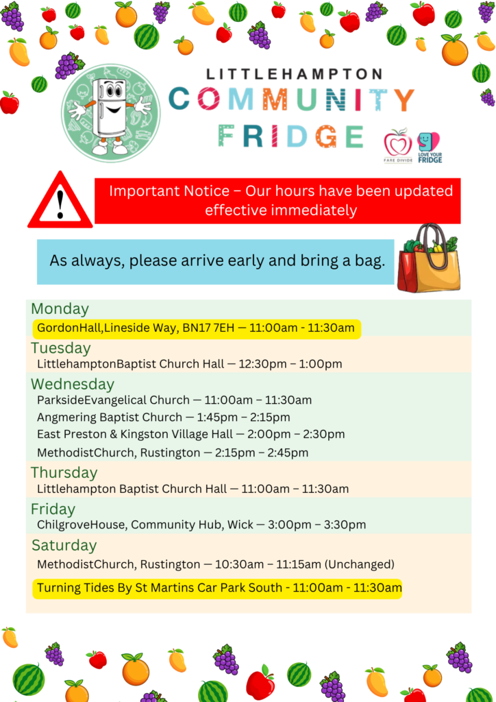 Littlehampton Community Fridge September 2026 opening hours and locations graphic